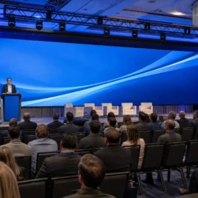 12 x 20 ft LED video wall above a conference stage in Los Angeles