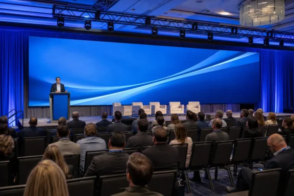 12 x 20 ft LED video wall above a conference stage in Los Angeles