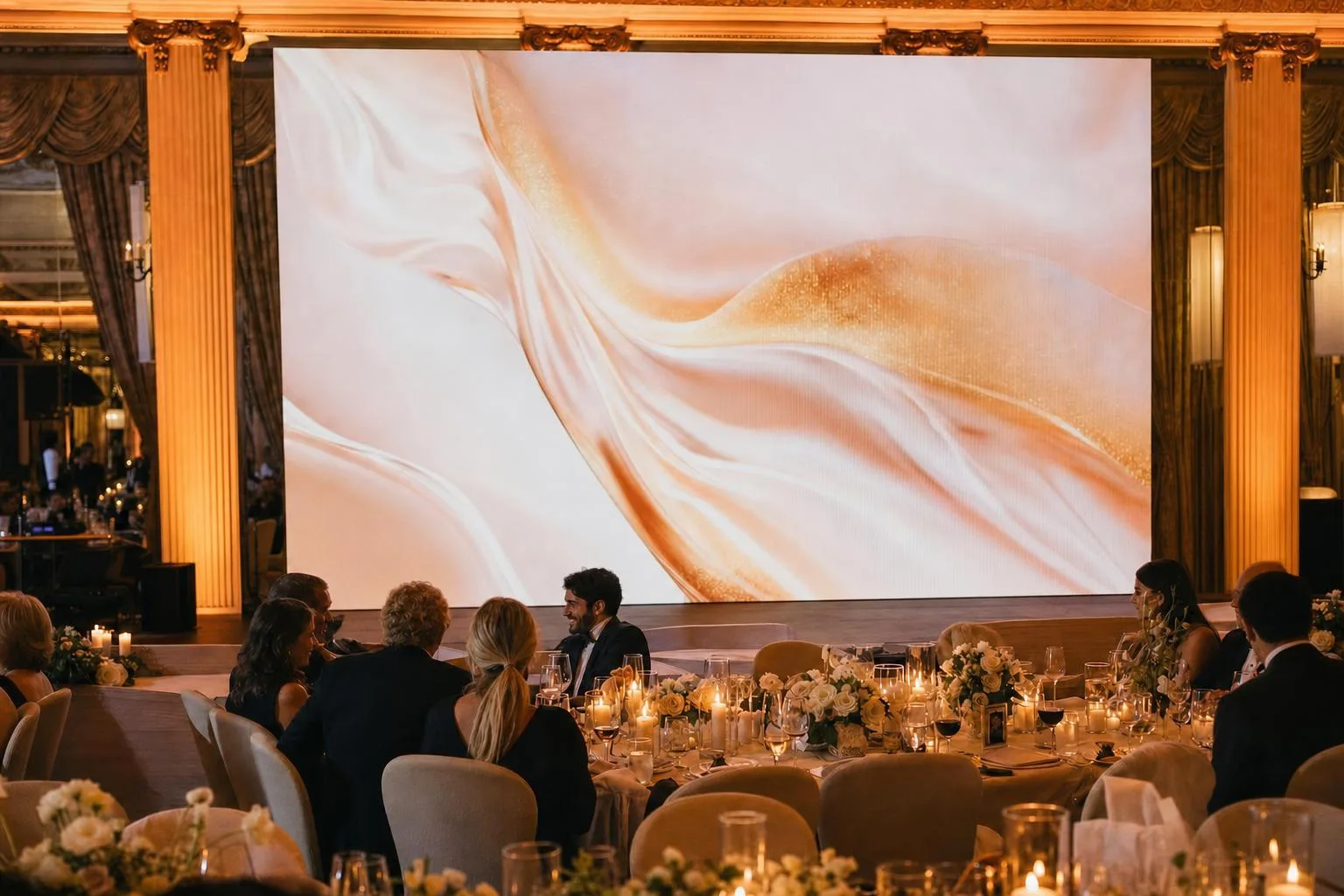 10 x 15 ft LED wall behind the stage at a wedding reception in a Los Angeles ballroom