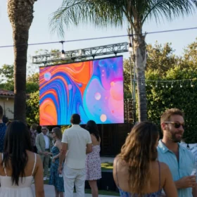 Outdoor LED screen on a truss frame at a daytime backyard party in Los Angeles
