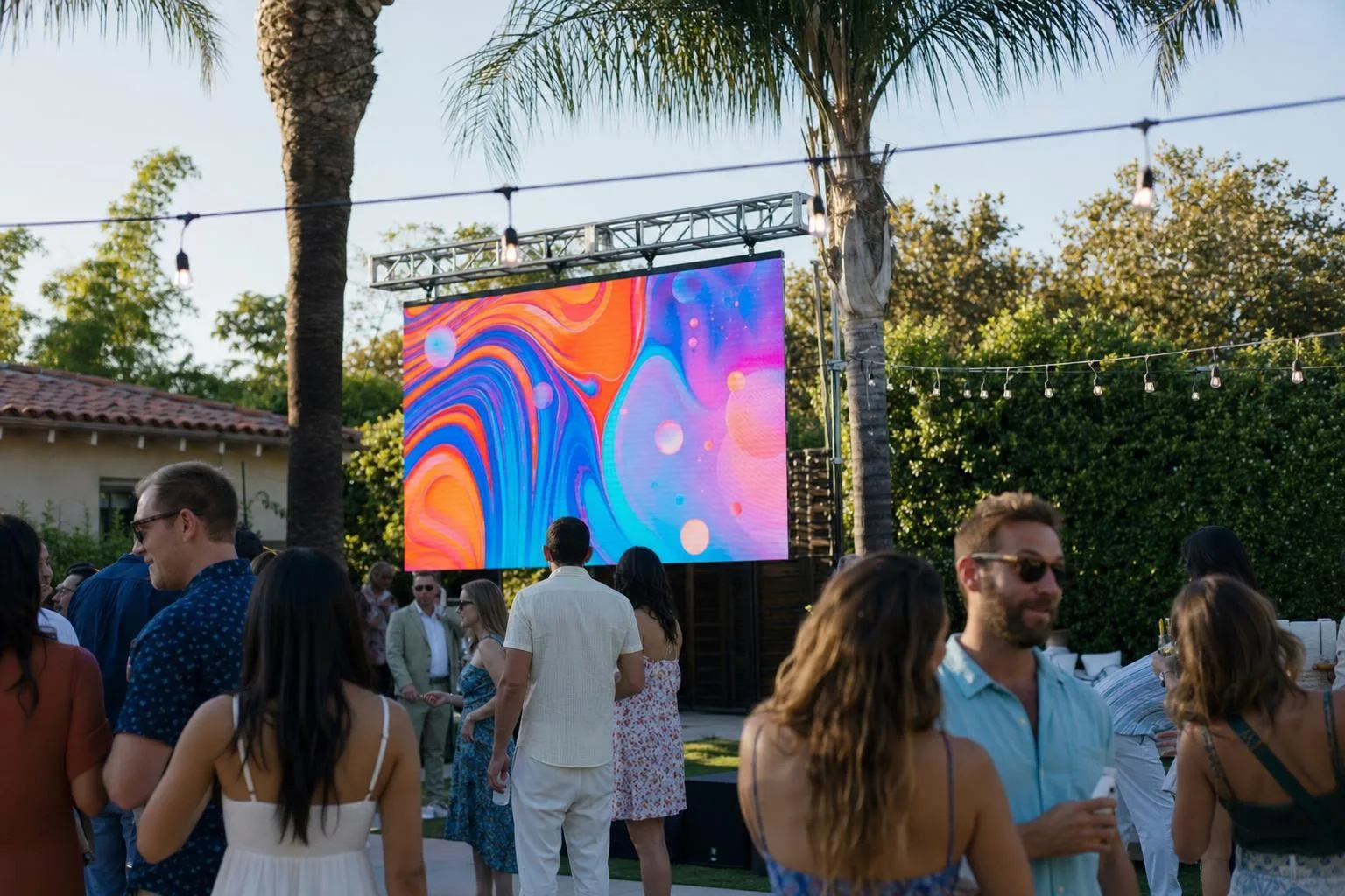 Outdoor LED screen on a truss frame at a daytime backyard party in Los Angeles